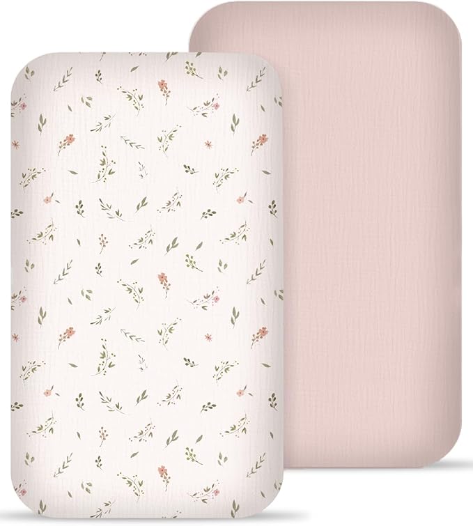 Muslin Bedside Bassinet Sheets 2 Pack, 33x20 Fitted Ultra Soft & Breathable Bedside Sleeper Sheets, Ideal for Baby Girl and Boy, Perfect for Newborns (Petal Leaf & Pink)