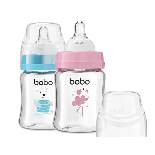 YOHKOH Glass Baby Bottles with Slow Flow Nipple, Newborn Anti-Colic Baby Bottles for 0+ Months, Wide Neck Feeding Bottle, Clear (Multicolour, 5oz (Pack of 2))