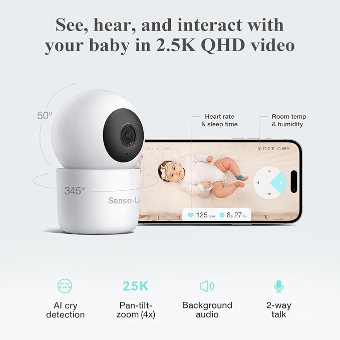 Sense-U Smart Baby Sock Monitor and 2.5K PTZ Camera, Tracks Heart Rate, Sleep Trends & Movement Anytime Anywhere, Video Monitor