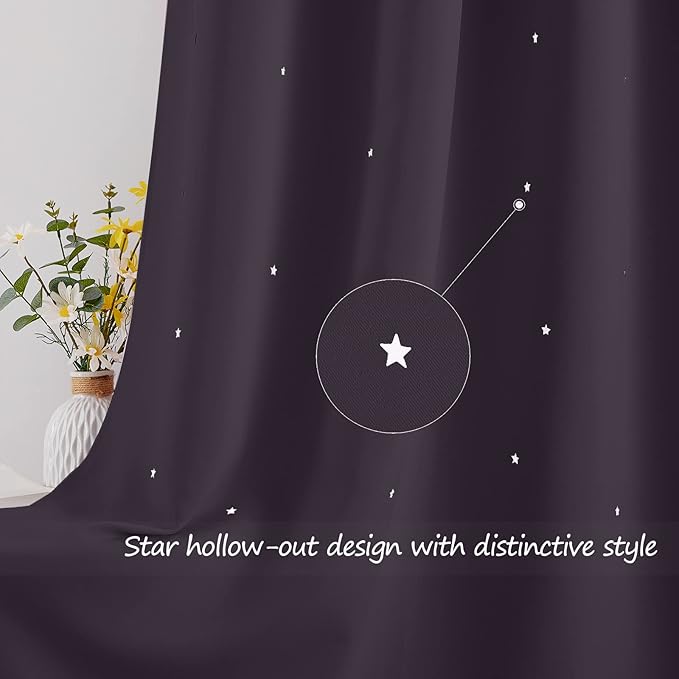 NICETOWN Cutout Stars Curtains for Kids Room 2 Panels Romantic Sparkle Starry Sky Space Theme Light-Filtering 54 inches Length Blackout Windows Curtains, 34" Width, Greyish Purple