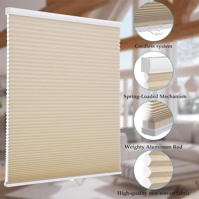 MYshade 1.5-Inch Cellular Cordless Light Filtering Shades, Honeycomb Window Blinds for Soft Daylight & Privacy, Thermal Insulation, Child Safe, Inside or Outside Mount (48" W x 72" H, Beige)