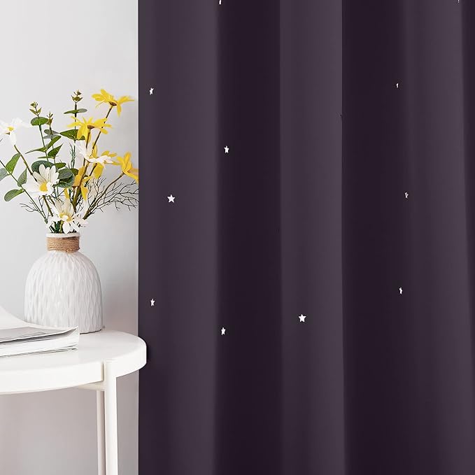 NICETOWN Cutout Stars Curtains for Kids Room 2 Panels Romantic Sparkle Starry Sky Space Theme Light-Filtering 54 inches Length Blackout Windows Curtains, 34" Width, Greyish Purple
