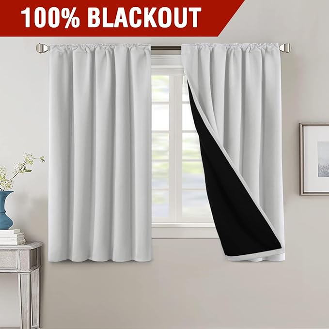 H.VERSAILTEX 100% Blackout Curtains for Bedroom with Black Liner Full Room Darkening Curtain 54 Inch Long Thermal Insulated Back Tab/Rod Pocket Window Drapes for Living Room, 2 Panels, Greyish White