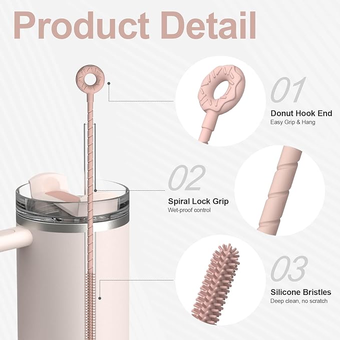 YOTIME Silicone Straw Cleaner Brush, 2 Pcs Reusable Straw Brush(6mm+9mm) for Cleaning Narrow & Wide Straws, Tumblers, Pink