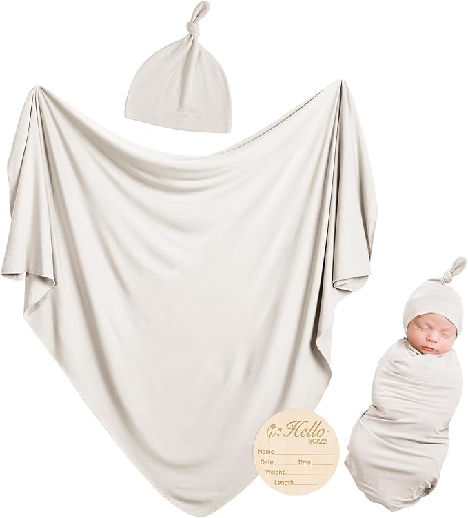 Rayon Made from Bamboo Newborn Swaddle Blanket Set with Matching Beanie, Super Soft Stretchy Baby Clothes Outfit for Girl Boy, Receiving Blankets Newborn Essentials, 47 x 47 Inch