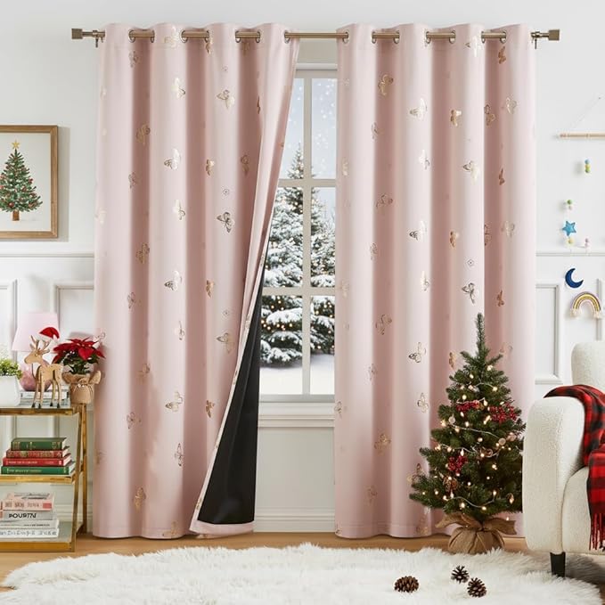 Jubilantex Pink Gold Butterfly Blackout Curtains with Black Layer Thermal Insulated Window Curtains Grommet Top for Bedroom Girls Room,52x95,2 Panels