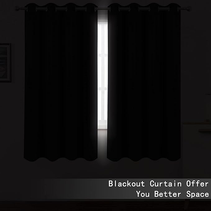 LEMOMO 100% Blackout Curtains 52 x 63 Inch/Black Curtains 2 Panels with Black Lining Room Darkening Thermal Insulated Bedroom Curtains