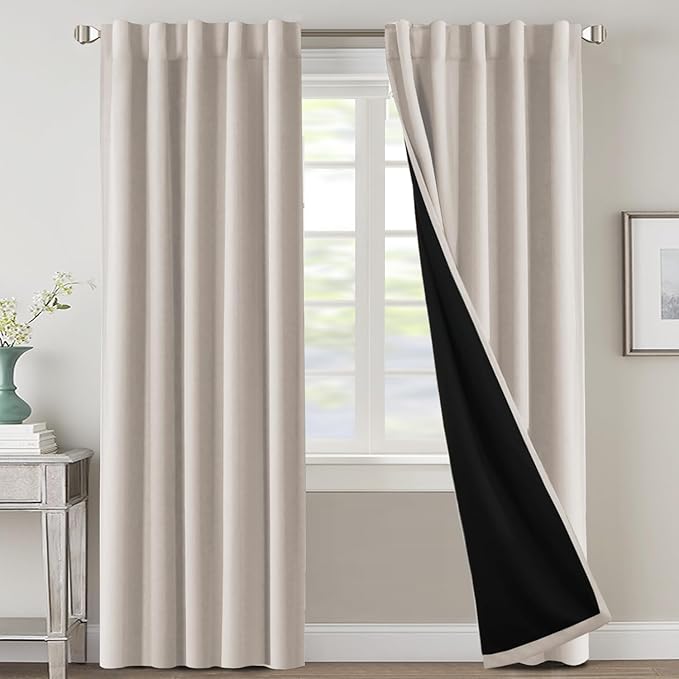 H.VERSAILTEX 100% Blackout Curtains for Bedroom with Black Liner Full Room Darkening Curtains Thermal Insulated Back Tab/Rod Pocket Window Drapes for Living Room, 2 Panels, 42 x 84 Inch, Fog
