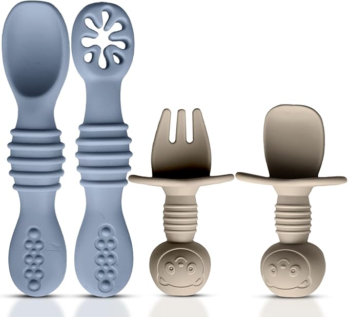 HippoBaby 4pc Silicone Baby Spoons Self Feeding Baby Utensils 6-12 Months - 3 Baby Spoon - 1 Baby Fork - Toddler Cutlery Set - BPA Free, Dishwasher Safe - Baby Eating Essentials (Gray/Beige)