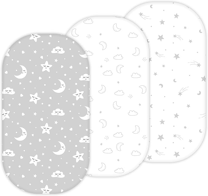 Bassinet Sheets for Baby Delight Snuggle Nest, Beside Me Doze, Snoo Smart, Fisher Price by TansyPanda, 3PC, 32 x 17 Inch, Ultra Soft, Breathable, Snug Fit, Unisex Boys, Girls (Moon, Stars, Clouds)