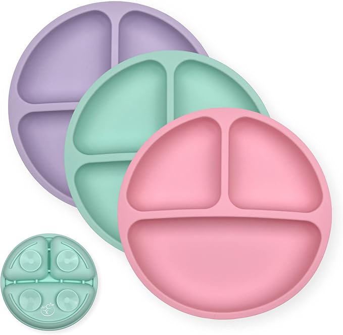 Hippypotamus Toddler Plates with Suction - 100% Food-Grade Silicone Baby Plates - Microwave & Dishwasher Safe - BPA Free - Set of 3 (Pink/Mint/Lavender)