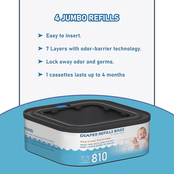 Jumbo Square Refills Disposal Bags Refill (Baby Powder Scent) Compatible with Diaper Genie Classic, Compact and Select Pails, Hold Up to 810 Newborn-Sized Diapers Per Refill, 6 Packs