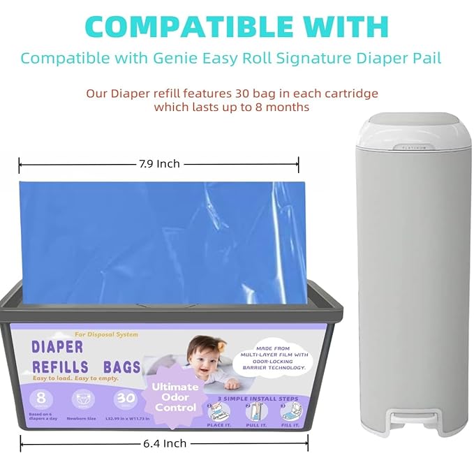 Diaper Easy Roll Refill Bags，90 Lavender Scented Diaper Pail Refills，Holds Up to 4200 Newborn Diapers，Superior Odor Control，Compatible with Genie Easy Roll Signature & Platinum Pails
