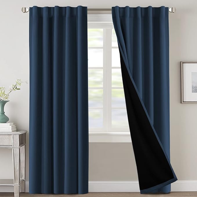 H.VERSAILTEX 100% Blackout Curtains for Bedroom with Black Liner Full Room Darkening Curtains Thermal Insulated Back Tab/Rod Pocket Window Drapes for Living Room, 2 Panels, 42 x 84 Inch, Navy
