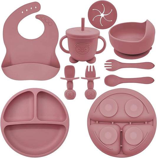 Munlinder Silicone Baby Feeding Set | Baby Led Weaning Supplies Includes Suction Bowls and Divided Plates, Adjustable Bib, Baby Utensils Spoons and Forks,Cup | Baby Feeding Essentials (Red)
