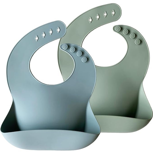 Moonkie Silicone Baby Bibs Set of 2, BPA Free Waterproof Baby Bibs for Eating, Soft Adjustable Silicone Bibs for Babies 6-12 Months, Toddler Bibs with Large Pocket Food Catcher (Ether/Sage)