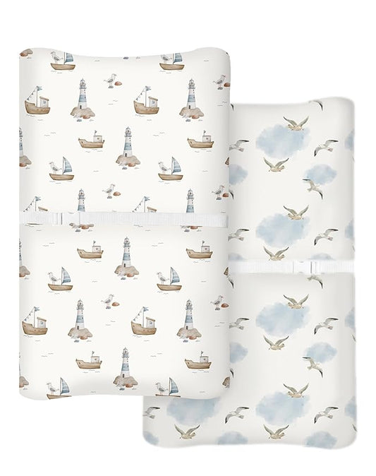 Changing Pad Cover for Baby Boys Girls 2 Pack, Fits Standard 32”×16” Changing Table Pads, Silky Breathable Stretch Knit, Machine Washable (Sailing Waves)