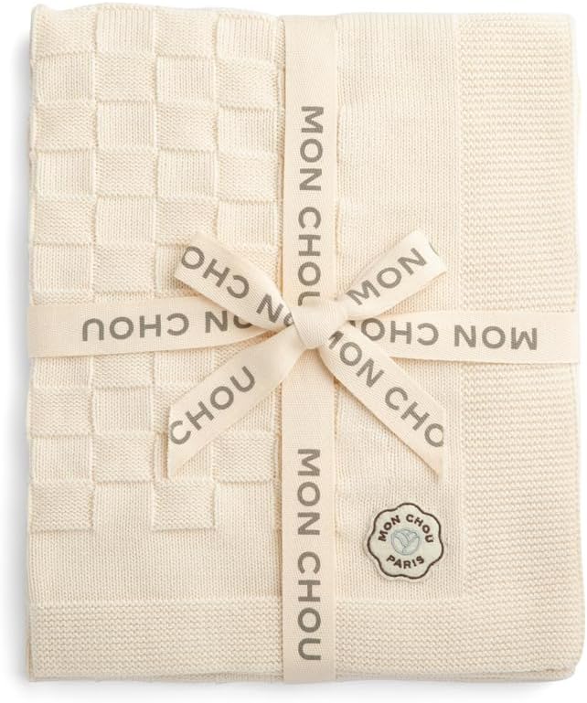 MON CHOU 100% Organic Baby Blanket – Pima Cotton Soft Knit, 30”x37” Breathable Crib & Stroller Throw (Ivory)