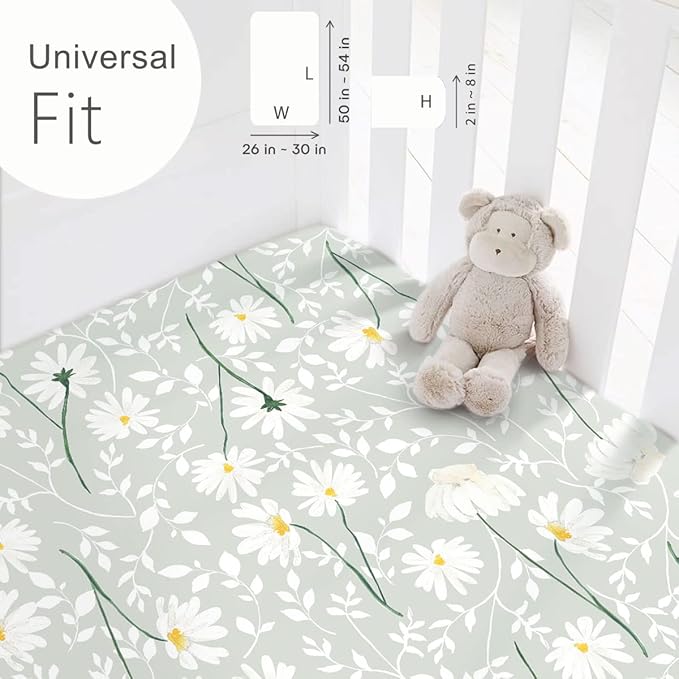 Stretchy Ultra Soft Jersey Knit Fitted Crib Sheets Set 2 Pack, Fit All Standard Crib Mattress Pads, Breathable Crib Sheet for Girls, Watercolor Daisy Flowers