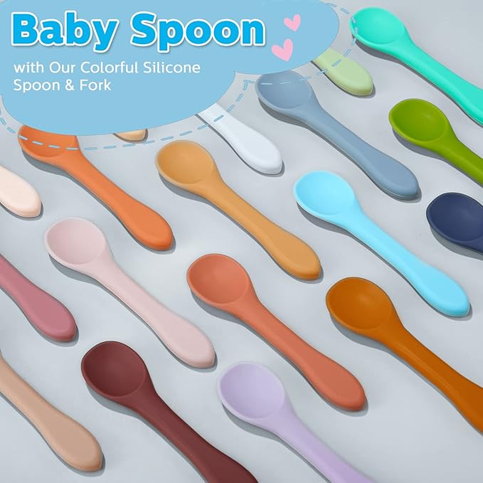 Nuenen 6 Pieces Silicone Baby Feeding Forks and Spoons Set Hot Safety First Stage Self Feeding Supplies Mini Kids Utensils for over 6 Months Babies Boy Girl Toddlers First Foods (Fresh Color)