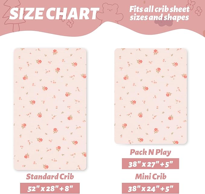 SiinvdaBZX 2 Pack Pack n Play Sheets Girls, Ultra Soft Muslin Cotton Mini Crib Sheets Breathable Toddler Playard Bedding Cover for 38"x27" Portable/Mini Crib Mattresses (Little Fairy + Flower)