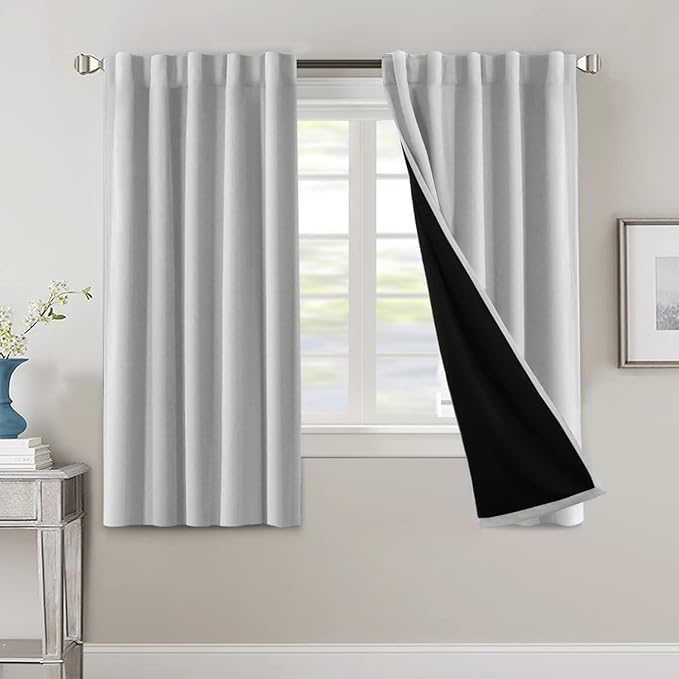 H.VERSAILTEX 100% Blackout Curtains for Bedroom with Black Liner Full Room Darkening Curtains Thermal Back Tab/Rod Pocket Window Drapes for Living Room, 2 Panels, 42 x 63 Inch, Greyish White