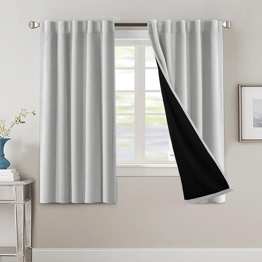 H.VERSAILTEX 100% Blackout Curtains for Bedroom with Black Liner Full Room Darkening Curtains Thermal Back Tab/Rod Pocket Window Drapes for Living Room, 2 Panels, 42 x 63 Inch, Greyish White