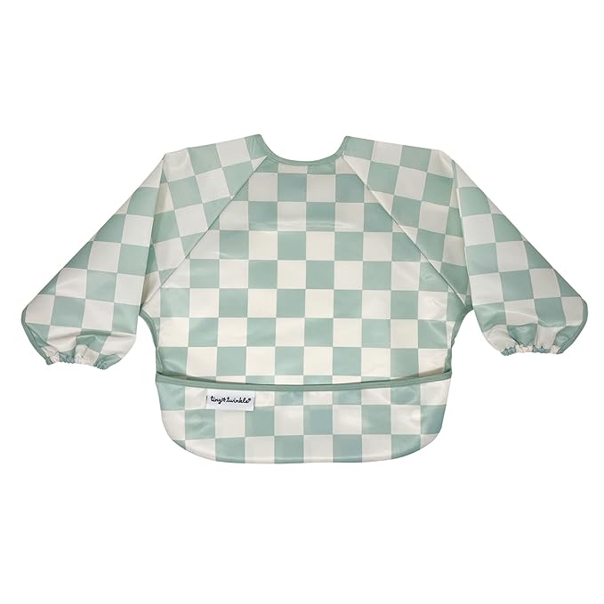 Tiny Twinkle Long Sleeve Bib for Babies & Toddlers | Waterproof Smock Bib for Eating | Machine Washable & Mess-Proof Feeding Essentials | Newborn Shower Gift (Checkers Sage, 2-4Y)