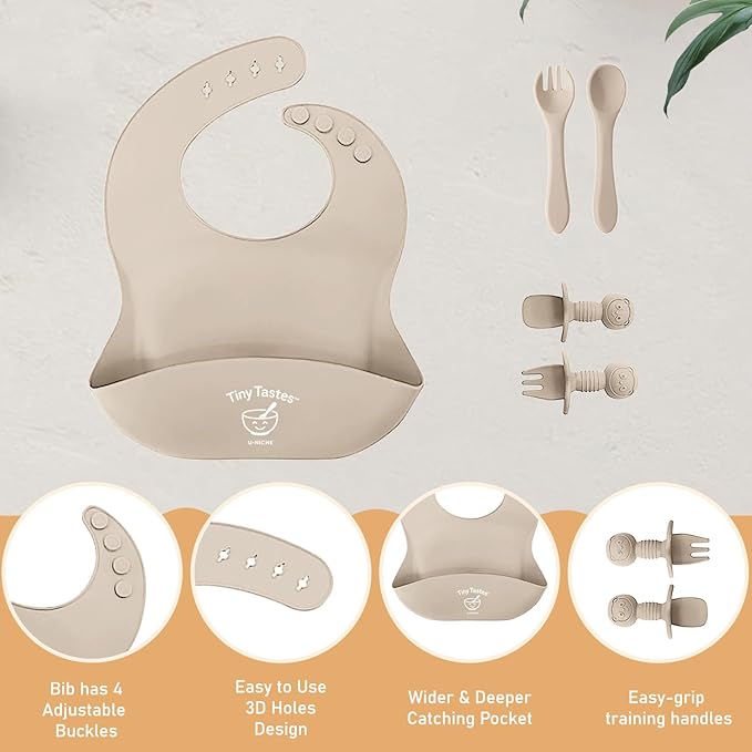 Tiny Tastes 10-Piece Silicone Baby Feeding Set – BPA-Free, Spill-Proof Suction Plate, Bowl, Bib, Snack Cup & Utensils | Dishwasher Safe, Baby Gift Ready (Beige)