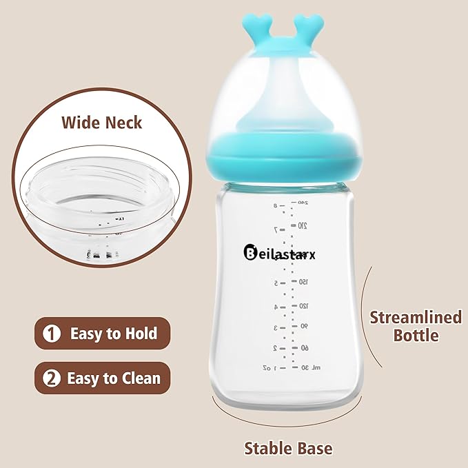 Beilastarx Glass Baby Bottles with Natural Response Nipple Size M - Anti Colic Baby Bottles Wide Neck Slow Flow Baby Bottle (Blue, 8oz (Pack of 4))