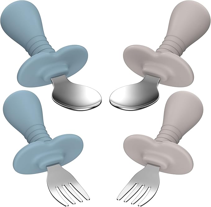 SFCCMM 4 Pieces Toddler Utensils, Kids Silverware Set with Silicone Handle, 18/8 Stainless Steel Children Safe Forks and Spoons, BPA Free, Anti-Choke Design (Lite Blue, Grey)