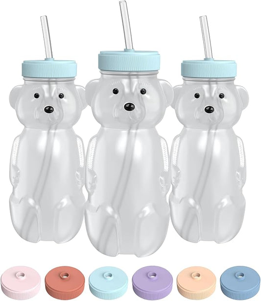 The 730 Project Honey Bear Straw Cup for Babies, 8-oz Honey Bear Cup with Lid, 3-Pack Therapy Learning Honeybear Straw, Baby Bottle Set, Blizzard AQUA