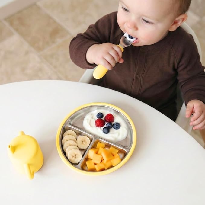 Stainless Steel Toddler Plate with Suction Set of 2, 8” Divided Plates with Removable Silicone Sleeves for Kids, Non Toxic & BPA Free | Non Slip | Unbreakable Baby Dishes, (Butter Yellow & Baby Blue)
