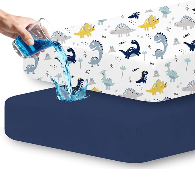 Little Grape Land Waterproof Crib Sheets for Boys Girls, Soft and Breathable Waterproof Baby Crib Sheets 52"x28", Crib Mattress Sheets Neutral for Standard Crib and Toddler Bed Mattress (Dinosaur)