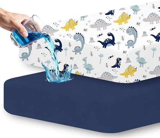 Little Grape Land Waterproof Crib Sheets for Boys Girls, Soft and Breathable Waterproof Baby Crib Sheets 52"x28", Crib Mattress Sheets Neutral for Standard Crib and Toddler Bed Mattress (Dinosaur)
