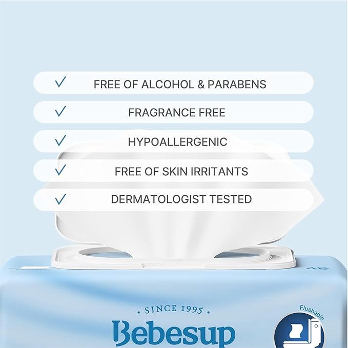 BEBESUP- Korea’s #1 Flushable Wipes- 100% Plant-Based Hypoallergenic Biodegradable 99% Water-Based Extra-Thick Organic Wipes Unscented for sensitive skin Flip-Top (1 Pack)