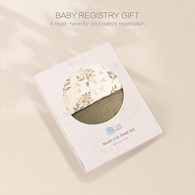 lulumoon Baby Crib Sheets Fitted: Soft Muslin Cotton Sheets for Standard Crib - Olive Floral for Girls 2Pack