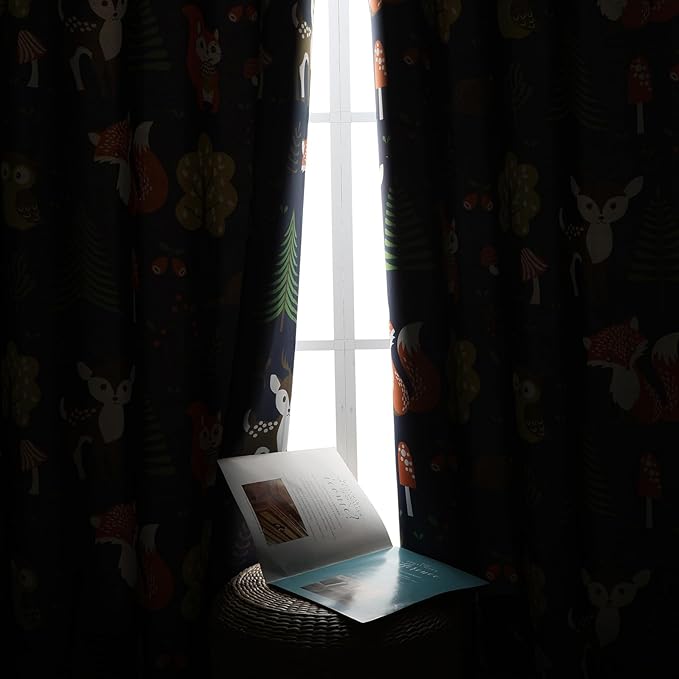 L.Z.E Navy Blue Kids Curtains for Bedroom Nursery, 85% Room Darkening Blackout Thermal Insulated Drapes for Boys Girls Room, Forest Animal Patterned Grommet Top 2 Panels Set, 52 x 96 Inch