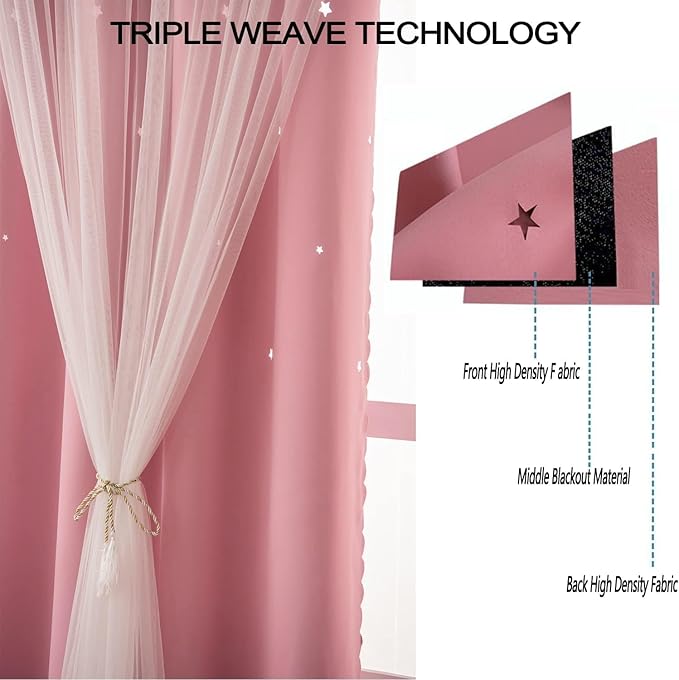 Pink Curtains for Girls Bedroom Living Room 72 Inch Length Star Cut Out Double Layer Blackout Curtains for Nursery Girl Room Window Decor (W52 X L72 Inches，2 Panels,Pink)