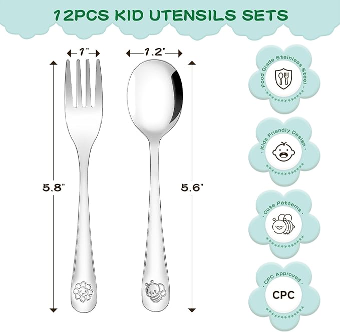 CMSFAM Stainless Steel Toddler Utensils Set - 12 Pieces Kids Silverware Set Children Safe Food Grade Small Forks and Spoons Dishwasher Safe Mirror Polished