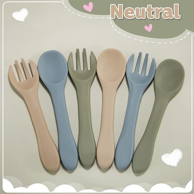 6 Pieces Silicone Baby Feeding Forks and Spoons Set Hot Safety First Stage Self Feeding Supplies Mini Kids Utensils for Over 6 Months Babies Boy Girl Toddlers First Foods (Neutral Color)