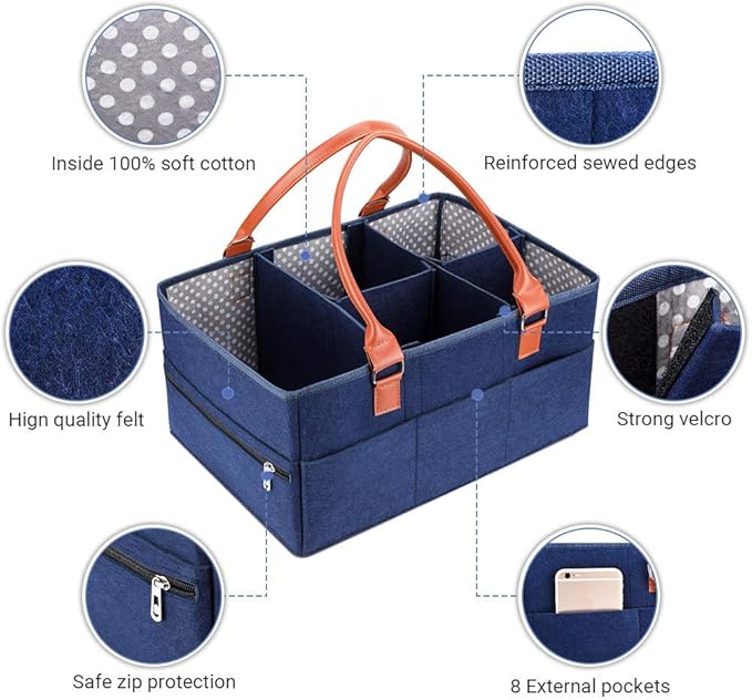 Marhynchus Large Portable Nappy Storage Basket with Detachable Divider, Felt Fabric Baby Diaper Caddy, Navy, for Nursery and Travel