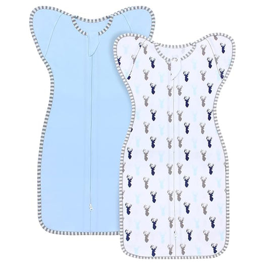 Transition Swaddle Baby Sleep Sack 6-9 Months Arms up Swaddle 2-Way Zipper 100% Cotton Arms in/out, 0.8 Tog Baby Swaddles for Boy Girl, 2-Pack Transitional Swaddles (Large 20-27lbs)