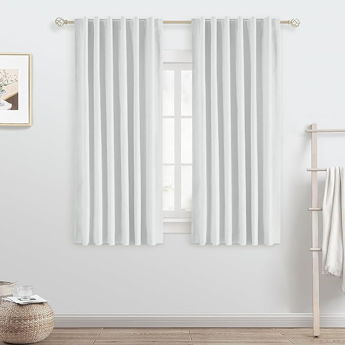 100% Blackout Ivory Curtains 63 inches Long Back Tab Rod Pocket 2 Panels Set Linen Curtain Thermal Insulated Textured Short Blackout Curtains for Bedroom Darkening 52x63 White
