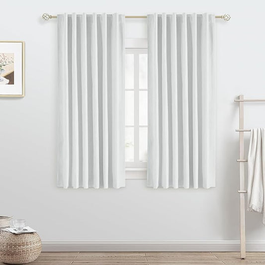 100% Blackout Ivory Curtains 63 inches Long Back Tab Rod Pocket 2 Panels Set Linen Curtain Thermal Insulated Textured Short Blackout Curtains for Bedroom Darkening 52x63 White