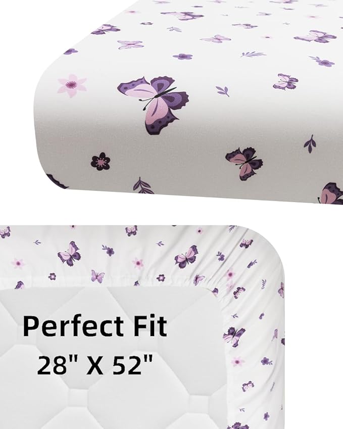 4 Pack Butterfly Baby Crib Sheets for Baby Girls Purple Crib Fitted Sheets for Standard Size Crib and Toddler Mattress Soft and Breathable (Crib)
