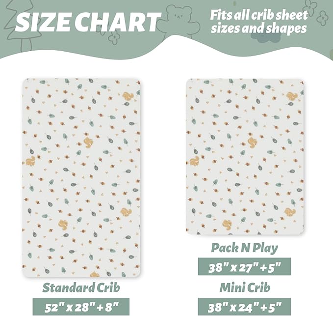 SiinvdaBZX 2 Pack Pack n Play Sheets, Ultra Soft Muslin Cotton Mini Crib Sheets Breathable Neutral Toddler Playard Bedding Cover for 38"x27" Portable/Mini Crib Mattresses (Animals + Acorn)
