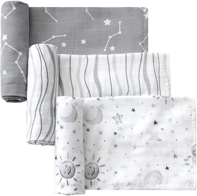 Little Grape Land Muslin Swaddle Blankets 47''x47'' 3 Pack, 100% Cotton Large Size Baby Swaddles for Newborn, Soft Breathable Baby Blankets for Newborns, Stars/Grey
