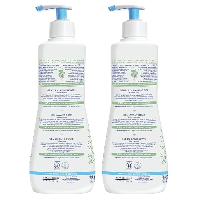 Mustela Baby Gentle Cleansing Gel - Baby Hair & Body Wash - with Natural Avocado fortified with Vitamin B5 - Biodegradable Formula & Tear-Free ââ‚¬â€œ 16.90 Fl Oz (Pack of 2)