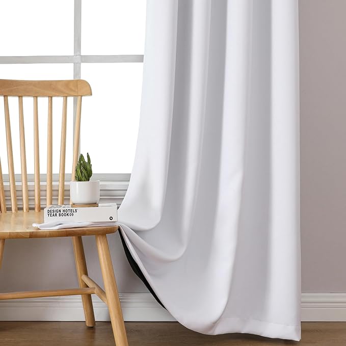ChrisDowa 100% Blackout Curtains 72 inch Long for Bedroom with Black Liner, 2 Thick Layers Total Blackout Thermal Insulated Grommet Window Curtains 2 Panels Set (Pure White, 42 x 72 Inch)